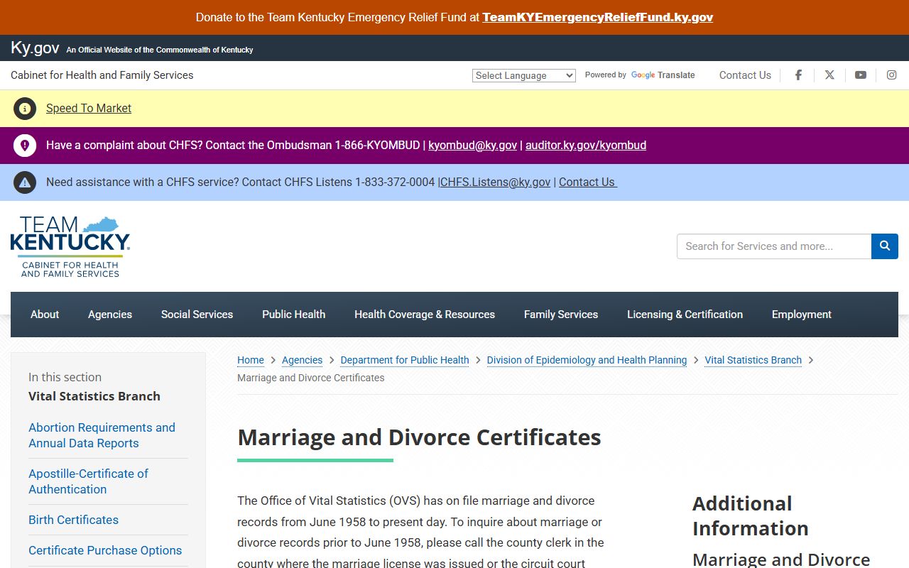 Marion County marriage and divorce records Kentucky OVS certificate source