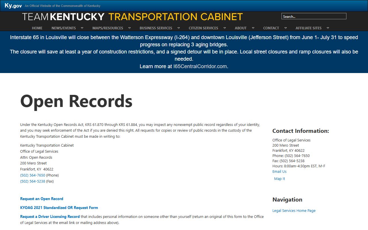 Marion County traffic court records KYTC open records source